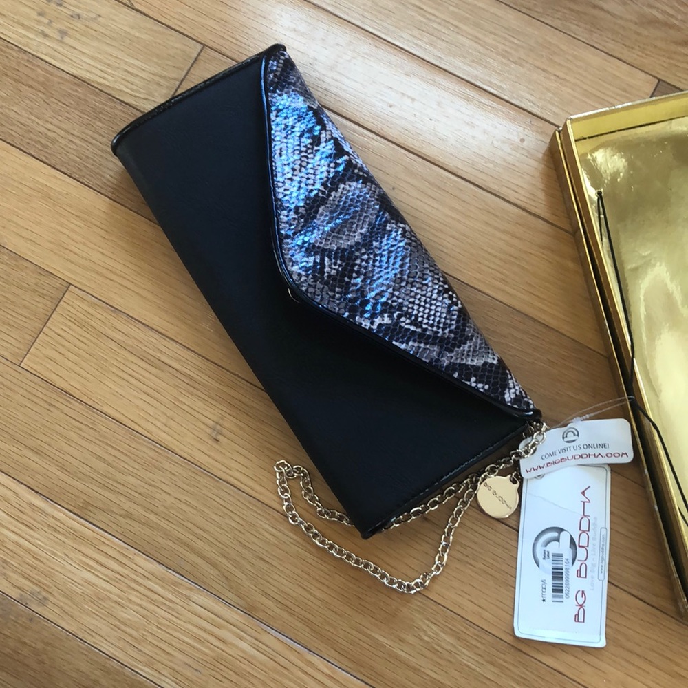 Big Buddha evening bag. Black and snake print